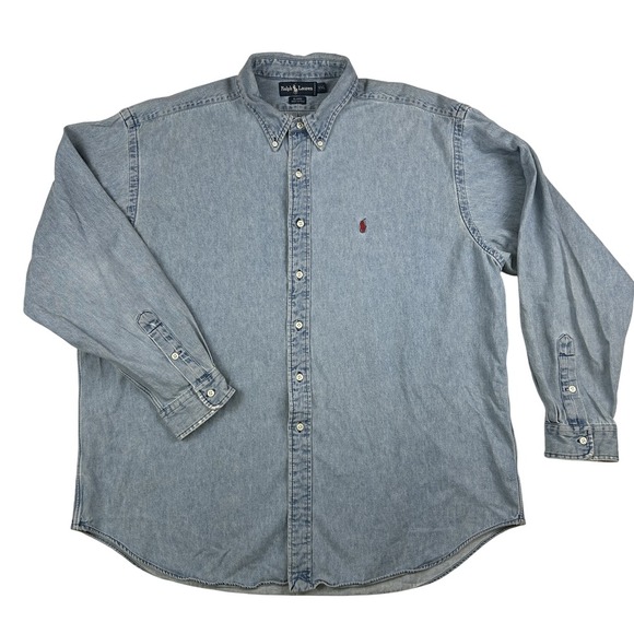 Ralph Lauren BLAIRE long sleeve button down light flannel check shirt men's XL size cotton navy blue type Vintage Second Hand